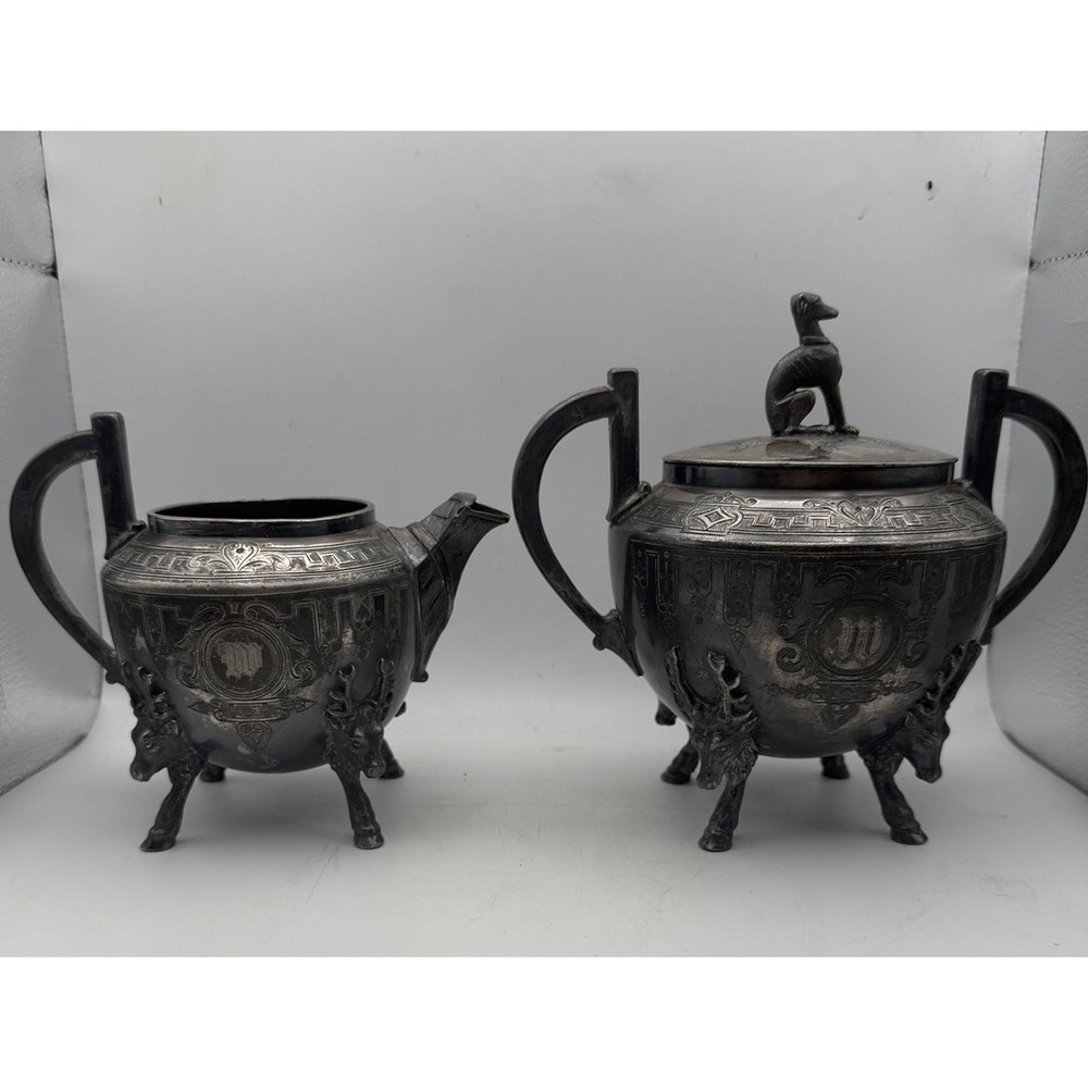 Antique Wilcox Silver Plate #1874 Sugar Creamer Set Stag Deer Hound Victorian